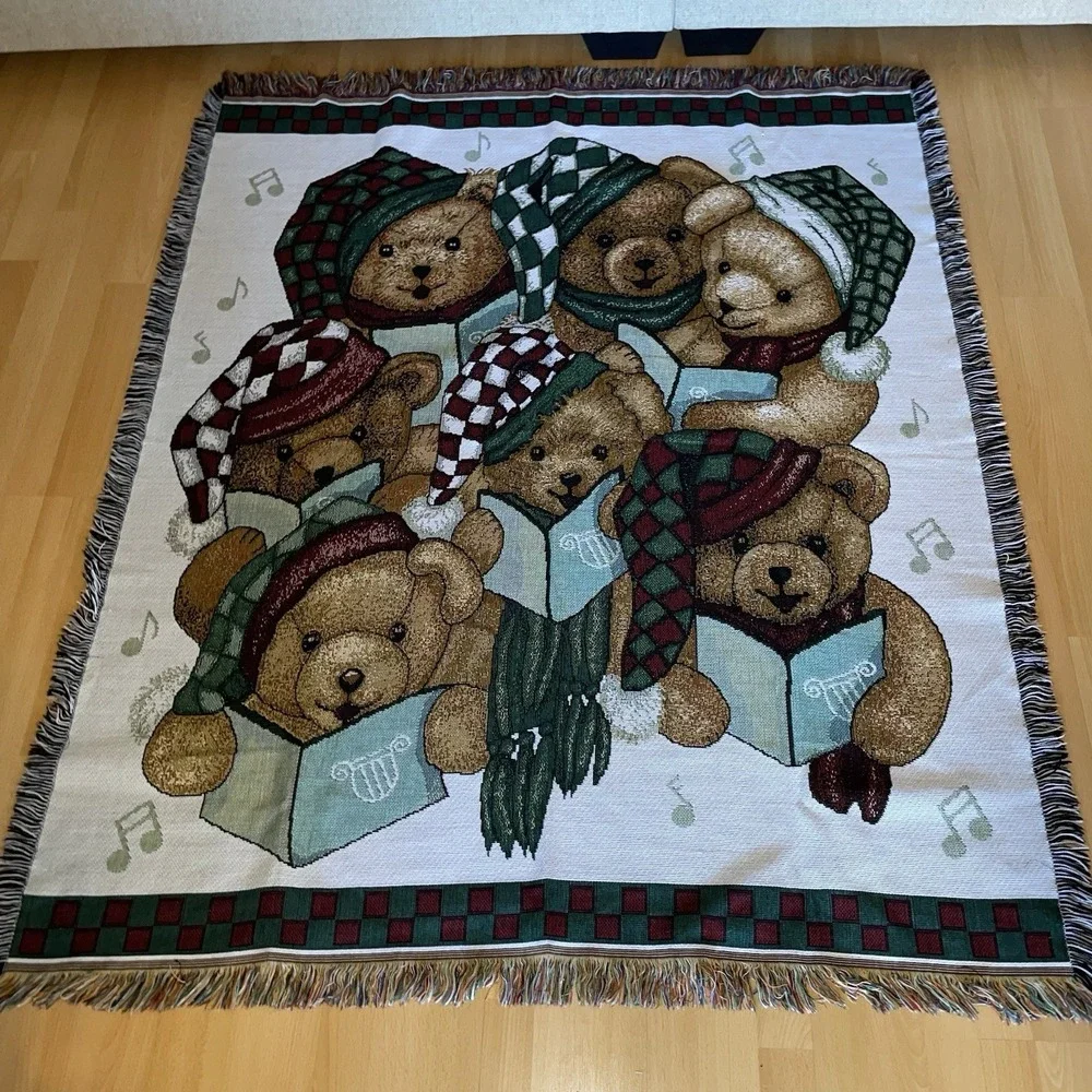 90's American Weavers Made In USA Christmas Tapestry Throw Blanket‎ Teddy Bears